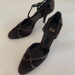 Stuart Weitzman brown high heel t-strap suede and satin fabric pumps.